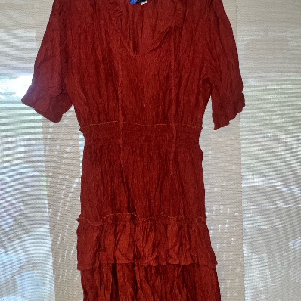 Blue Rain Red Ruffled Puff Sleeve Midi Dress
